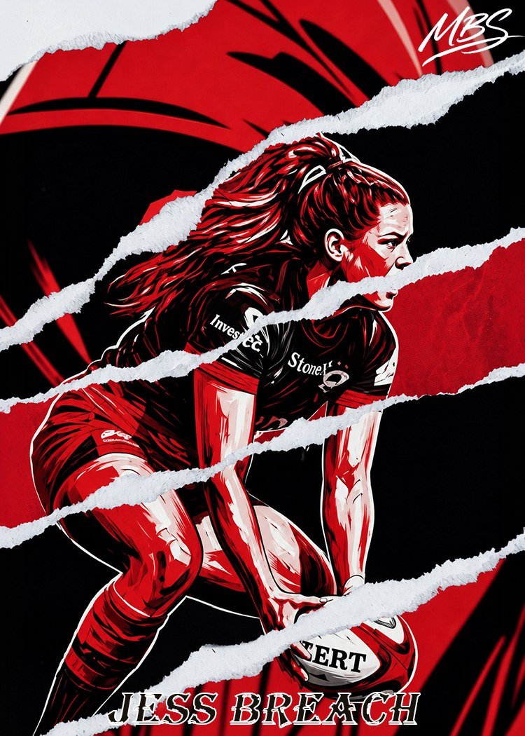 Original card art of rugby player Jess Breach in red and black pop-art style with a torn paper effect