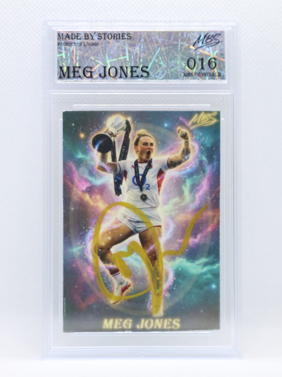 Original card art of rugby player Meg Jones celebrating with a trophy, set against a colourful cosmic nebula background