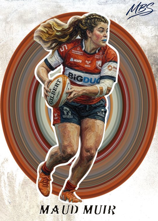 Original card art of rugby player Maud Muir running with the ball, framed in a vintage oval