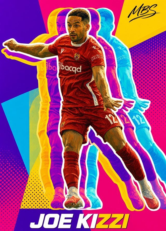 Joe Kizzi chase design: pop art Kizzi with yellow, purple and blue echo outlines on a bright halftone background