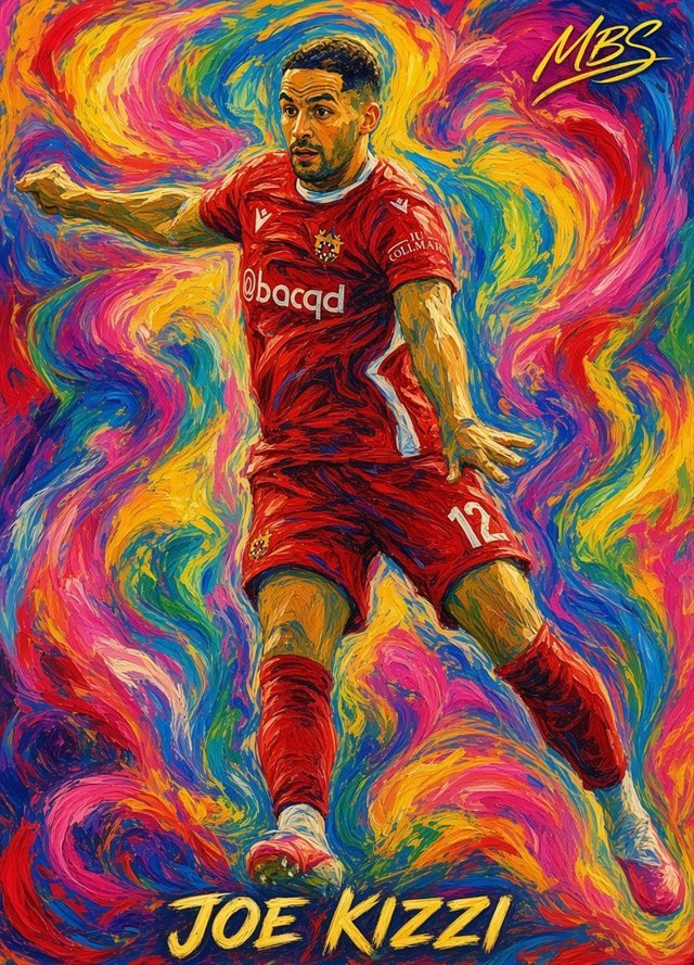 Joe Kizzi chase design: Kizzi in Hornchurch red against swirling rainbow brushstrokes