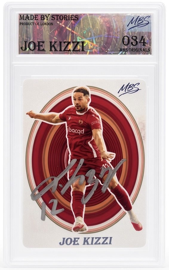 Joe Kizzi Core design card in a Made By Stories slab: Kizzi in Hornchurch red mid-strike against a red and gold oval, signed in silver
