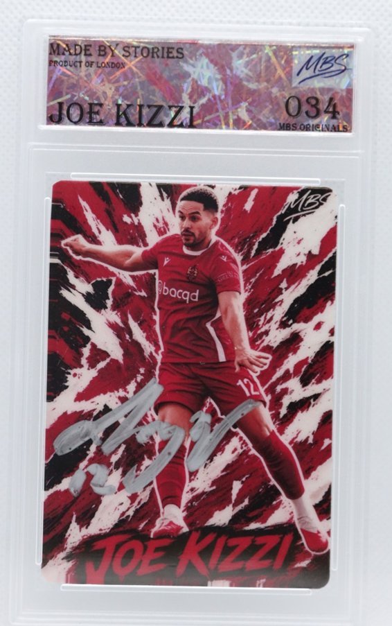 Joe Kizzi RW design card: red, white and black explosive background, signed in silver, sealed in an MBS Originals slab