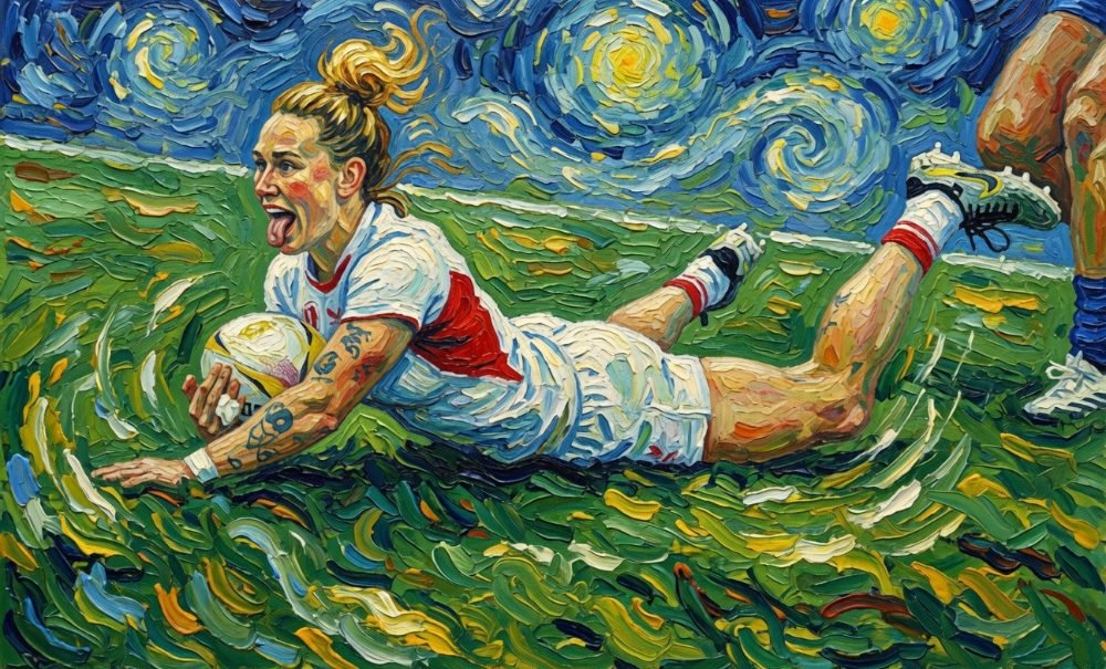 Impressionist-style trading card art of Meg Jones, an England women's rugby player, breaking through a tackle, created in a swirling Van Gogh-inspired style