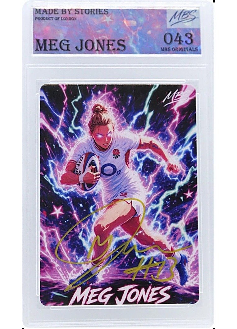Meg Jones Made By Stories graded card slab, numbered 043, neon lightning design, signed